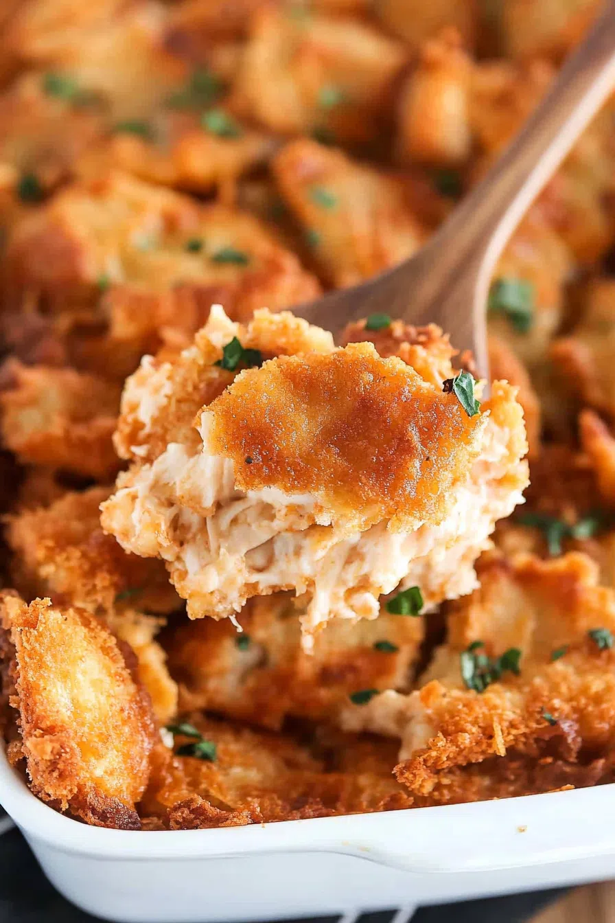 A scoop of Chicken Nugget Casserole, with golden-brown nuggets nestled in a creamy, bubbly sauce.