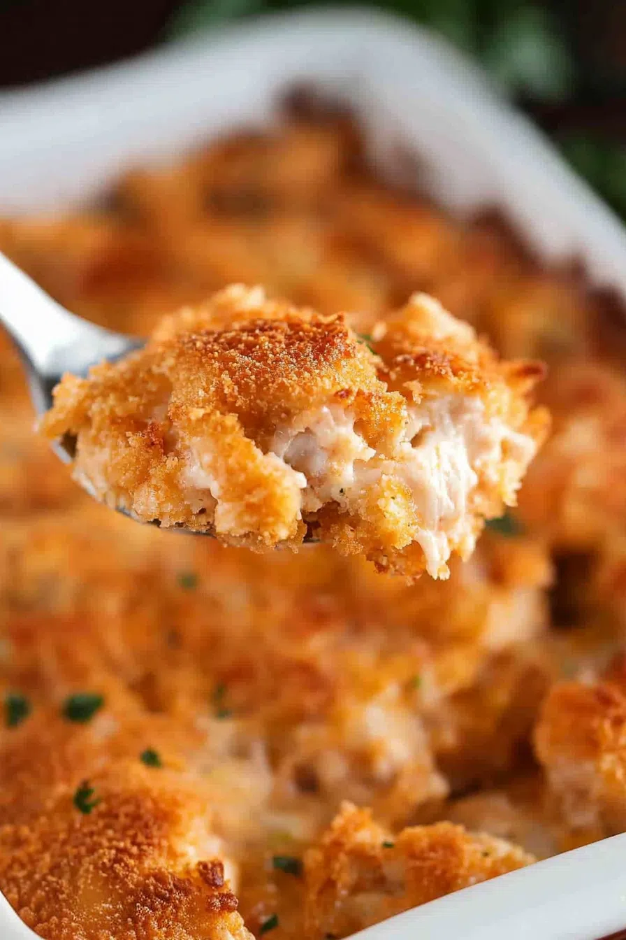 A spoonful of creamy, layered casserole with chicken nuggets and sauce.