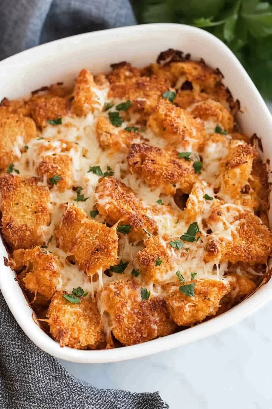 A close-up of a delicious Chicken Nugget Casserole, topped with melted cheese and garnished with fresh parsley.