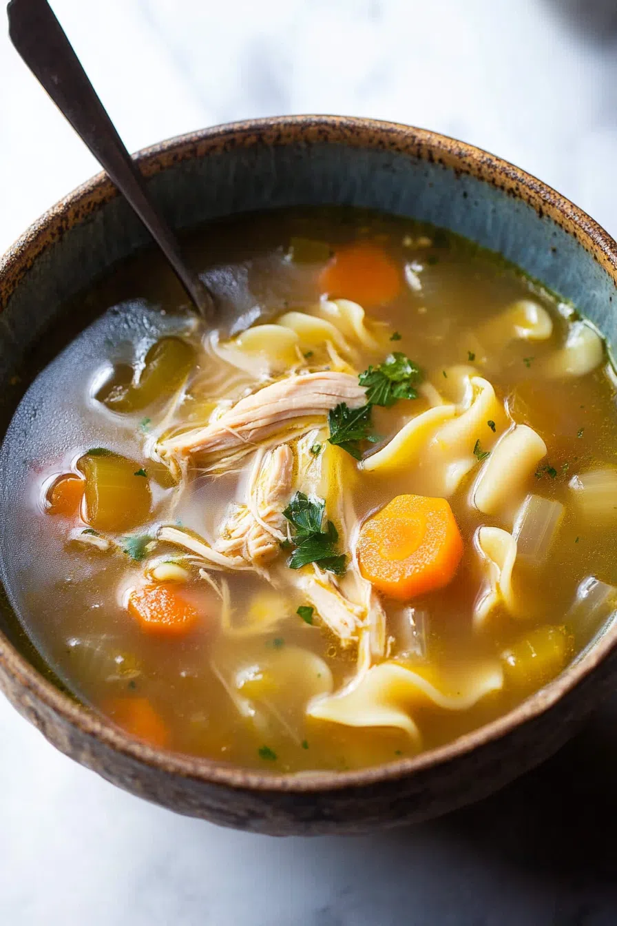 Top view of chicken soup with drumsticks, carrots, and herbs.