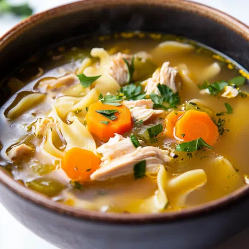A bowl of comforting chicken soup with drumsticks and vegetables.