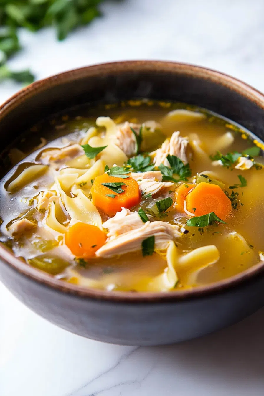 A bowl of comforting chicken soup with drumsticks and vegetables.