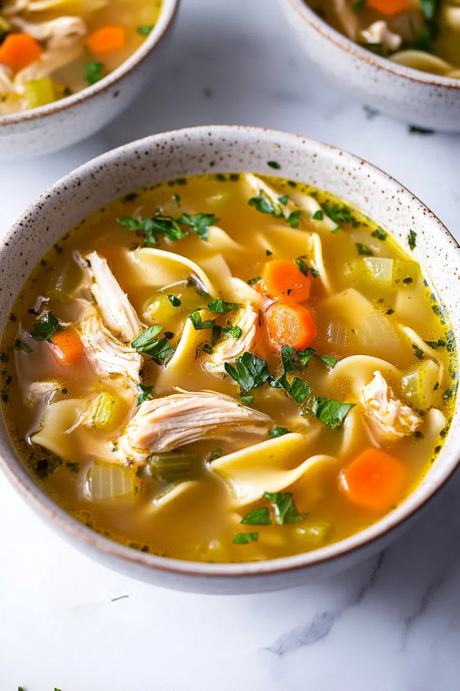 Hearty chicken soup with drumsticks served hot and steaming.