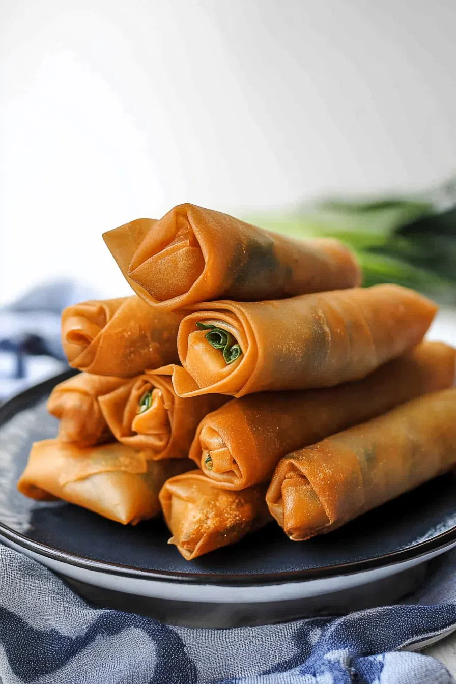 A close-up of freshly fried spring rolls, showing their crunchy, flaky texture.
