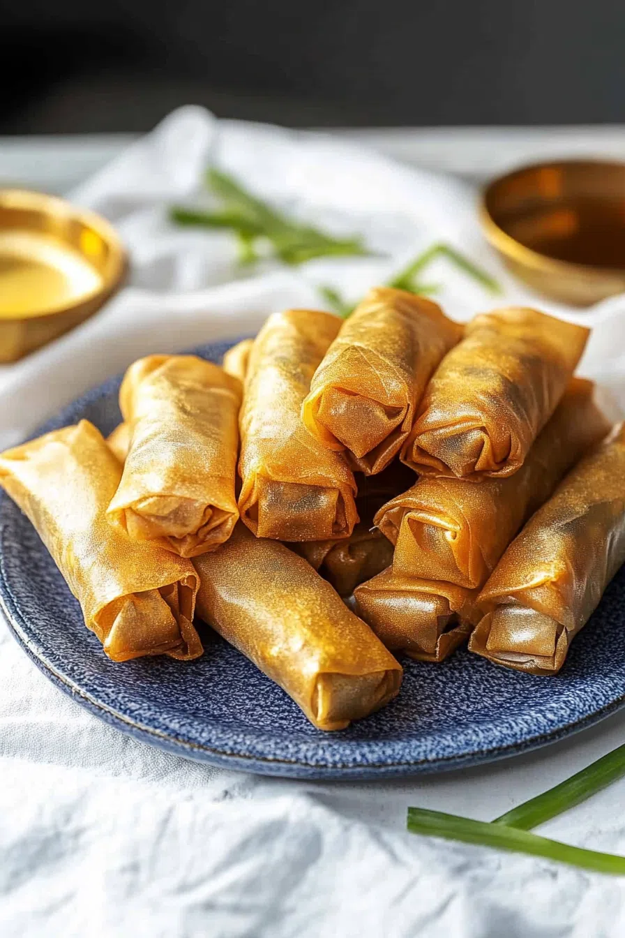 Golden-brown crispy spring rolls stacked on a serving plate with dipping sauce on the side.