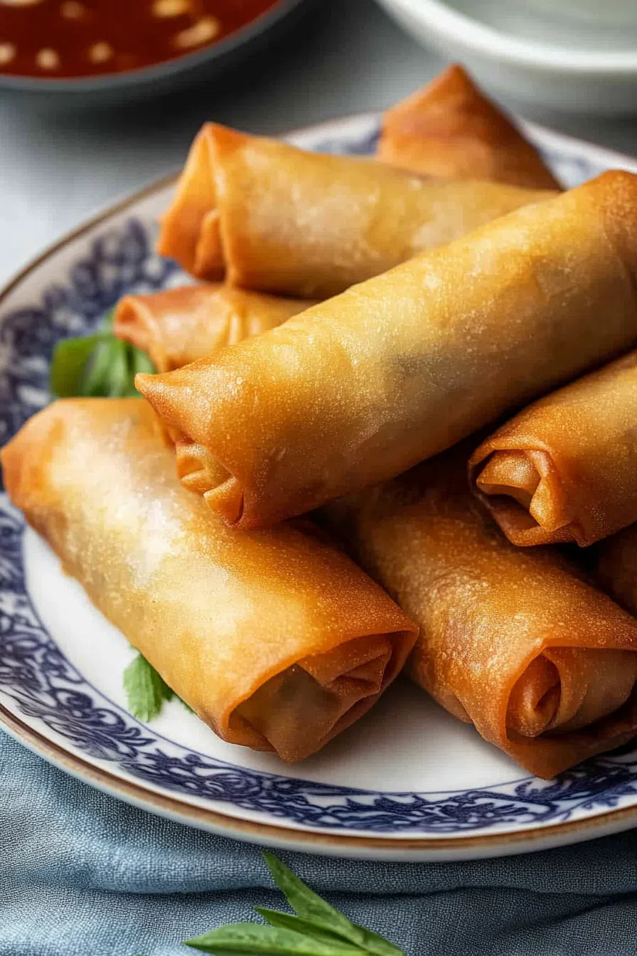 Close-up of a spring roll, showing the crunchy exterior and savory filling inside.
