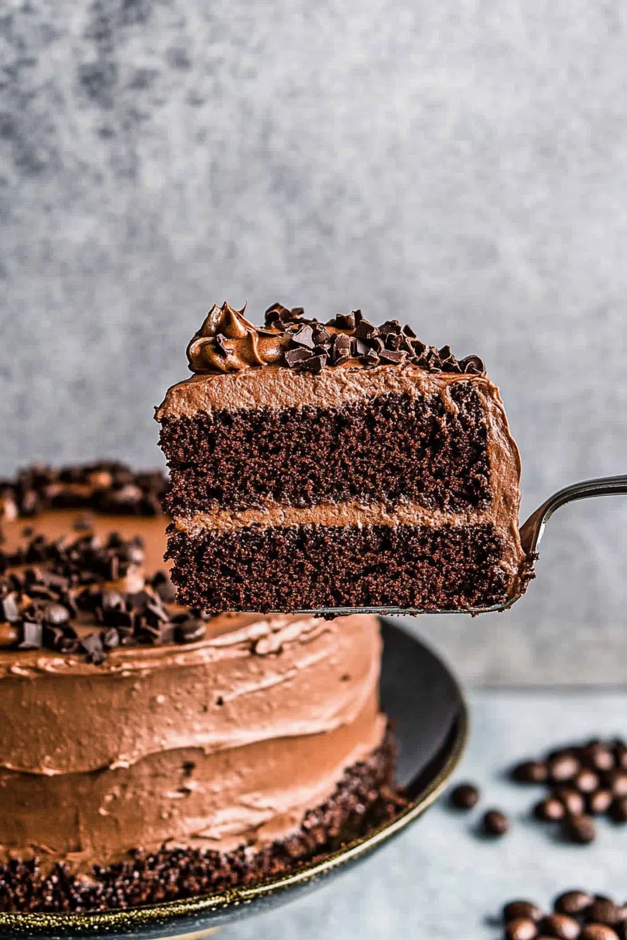 A fork holding a slice of chocolate espresso cake, highlighting the velvety frosting and dense chocolate layers.