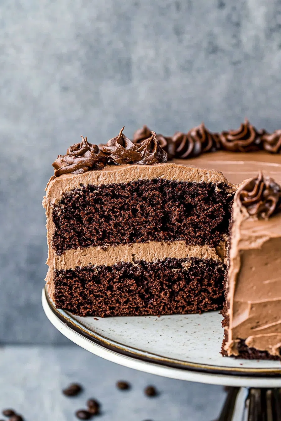 A rich chocolate cake topped with creamy espresso frosting and garnished with coffee beans for an elegant finish.