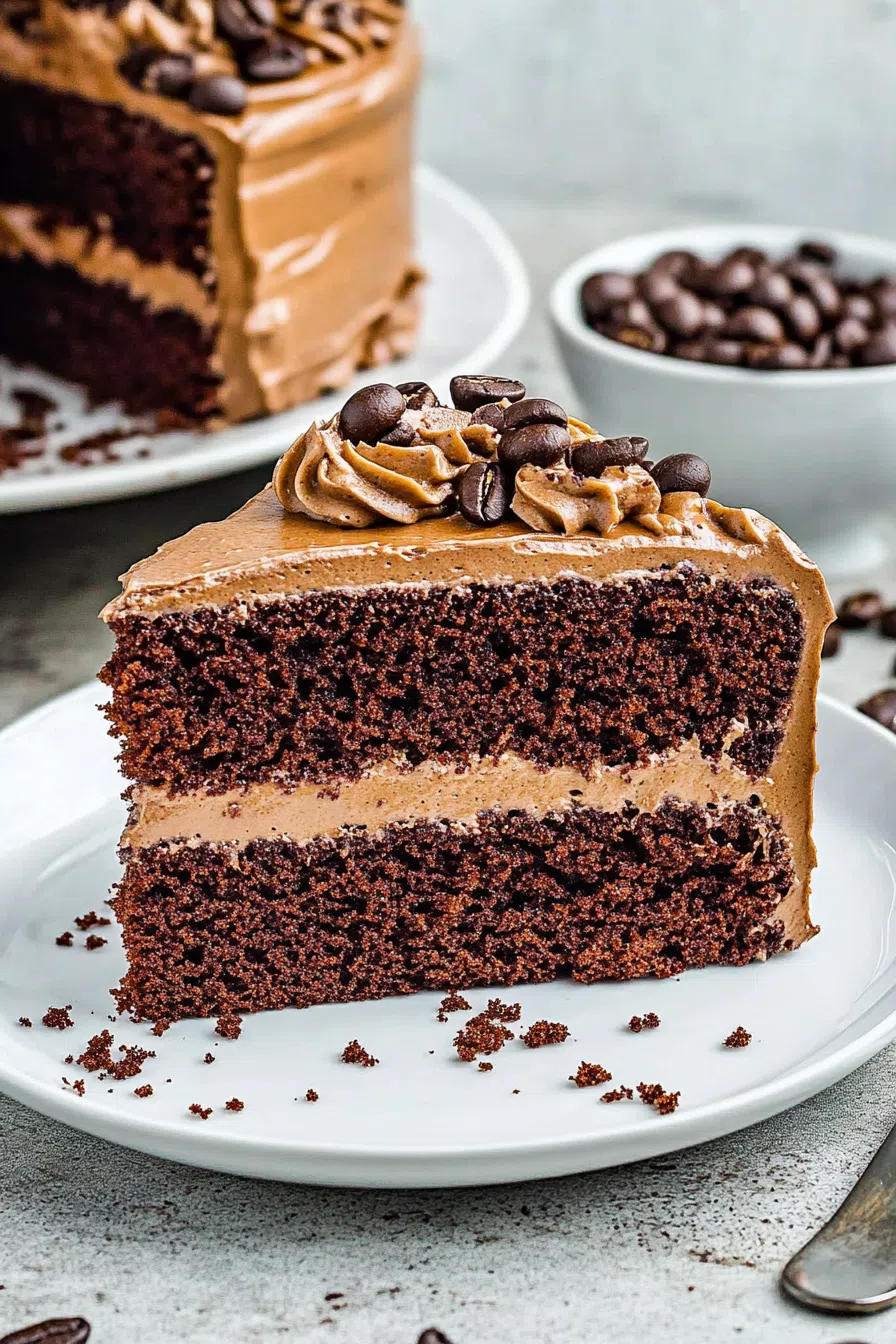 A decadent slice of chocolate espresso cake, perfectly layered and ready to enjoy on a white plate.