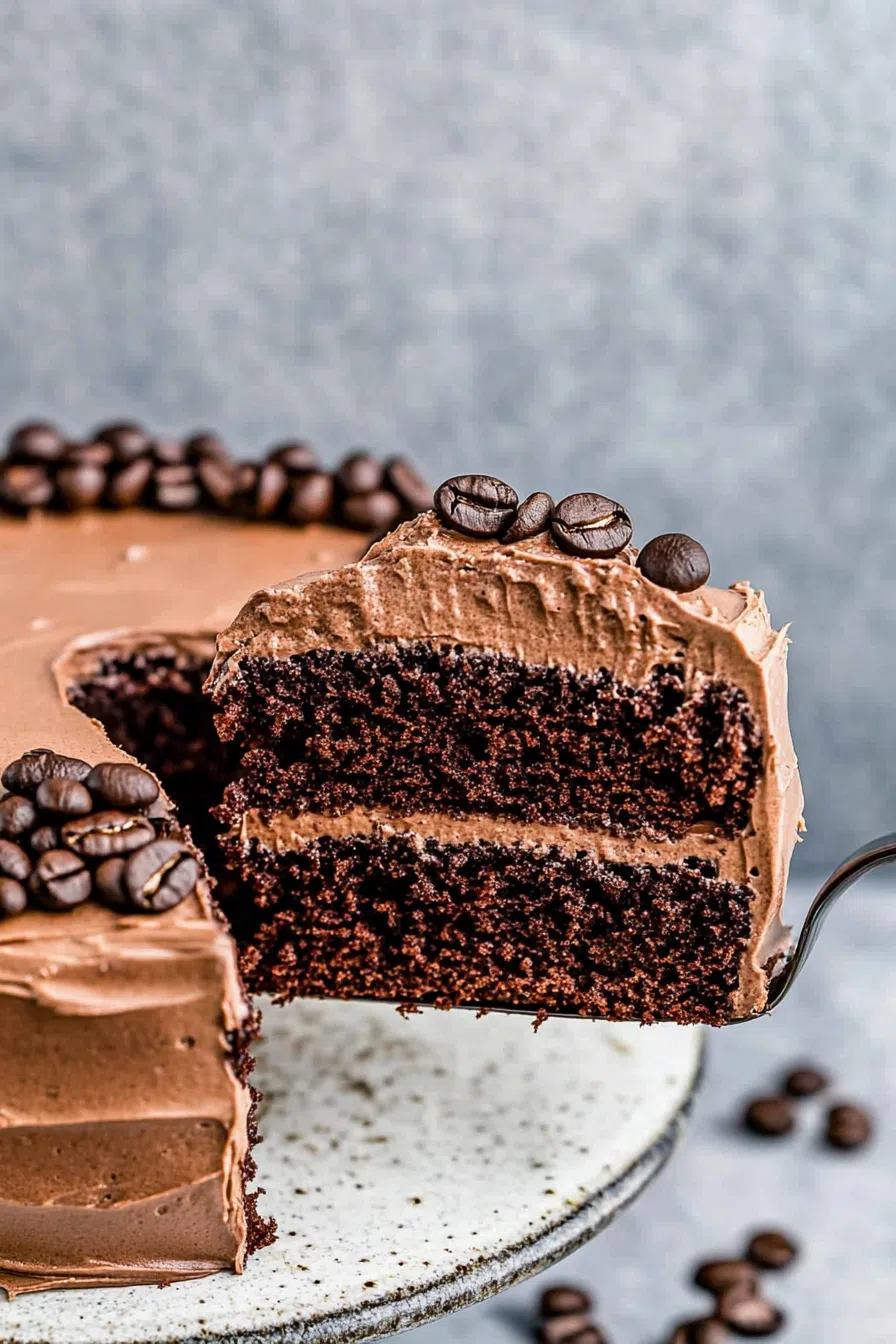 A close-up of a slice of chocolate espresso cake, showing moist layers and smooth frosting.
