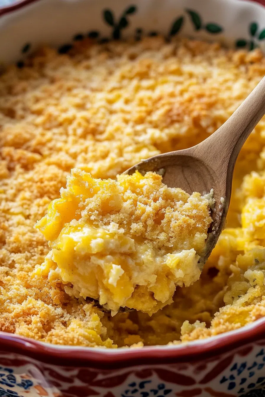 Close-up of a golden-brown squash casserole, showcasing the creamy interior and baked top.