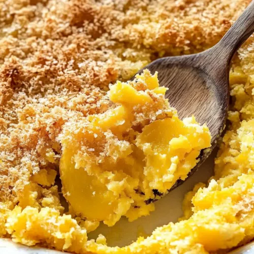 A spoon scooping a portion of cheesy, tender squash casserole from the baking dish.