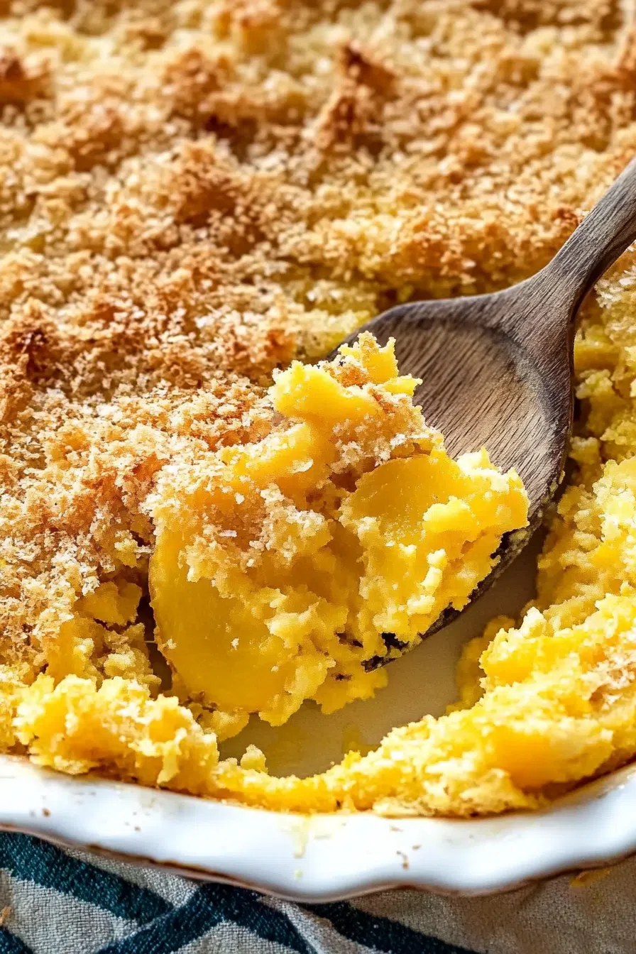 A spoon scooping a portion of cheesy, tender squash casserole from the baking dish.