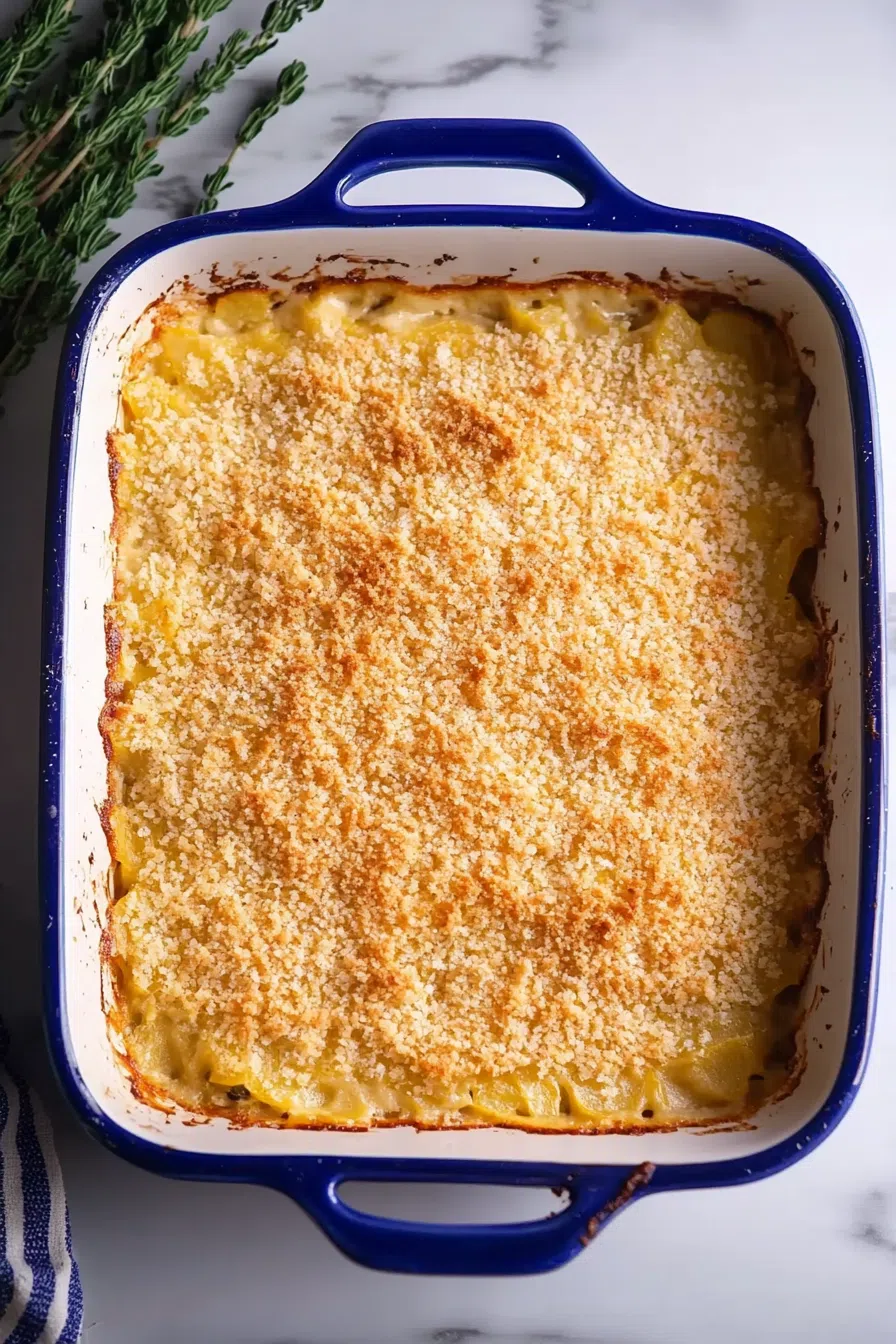 Overhead view of squash casserole in a rustic dish, with steam rising from the hot, cheesy filling.