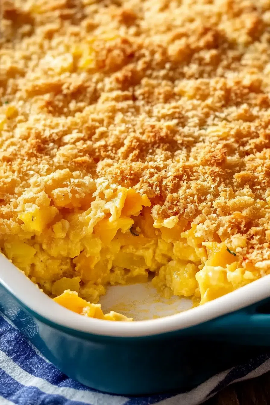 A serving of squash casserole with a crunchy breadcrumb topping, garnished with fresh parsley.