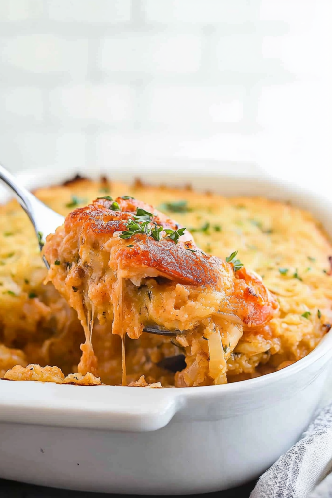 A spoonful of rich, flavorful casserole with tender crawfish and vegetables.