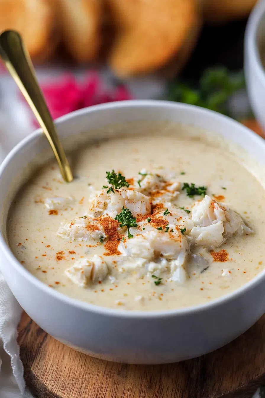 Close-up of a spoonful of crab soup, highlighting the rich, smooth texture and chunks of crab meat.