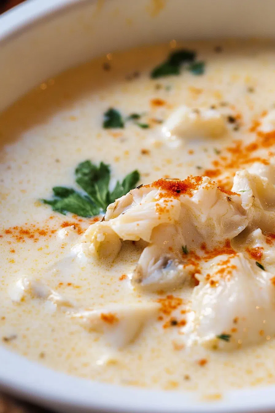 A pot of crab soup, with a ladle ready to serve and the golden broth glistening.