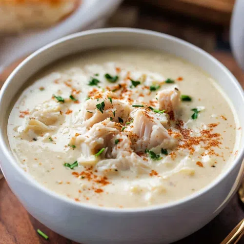 Side view of a bowl of crab soup, emphasizing the creamy consistency and vibrant garnish.