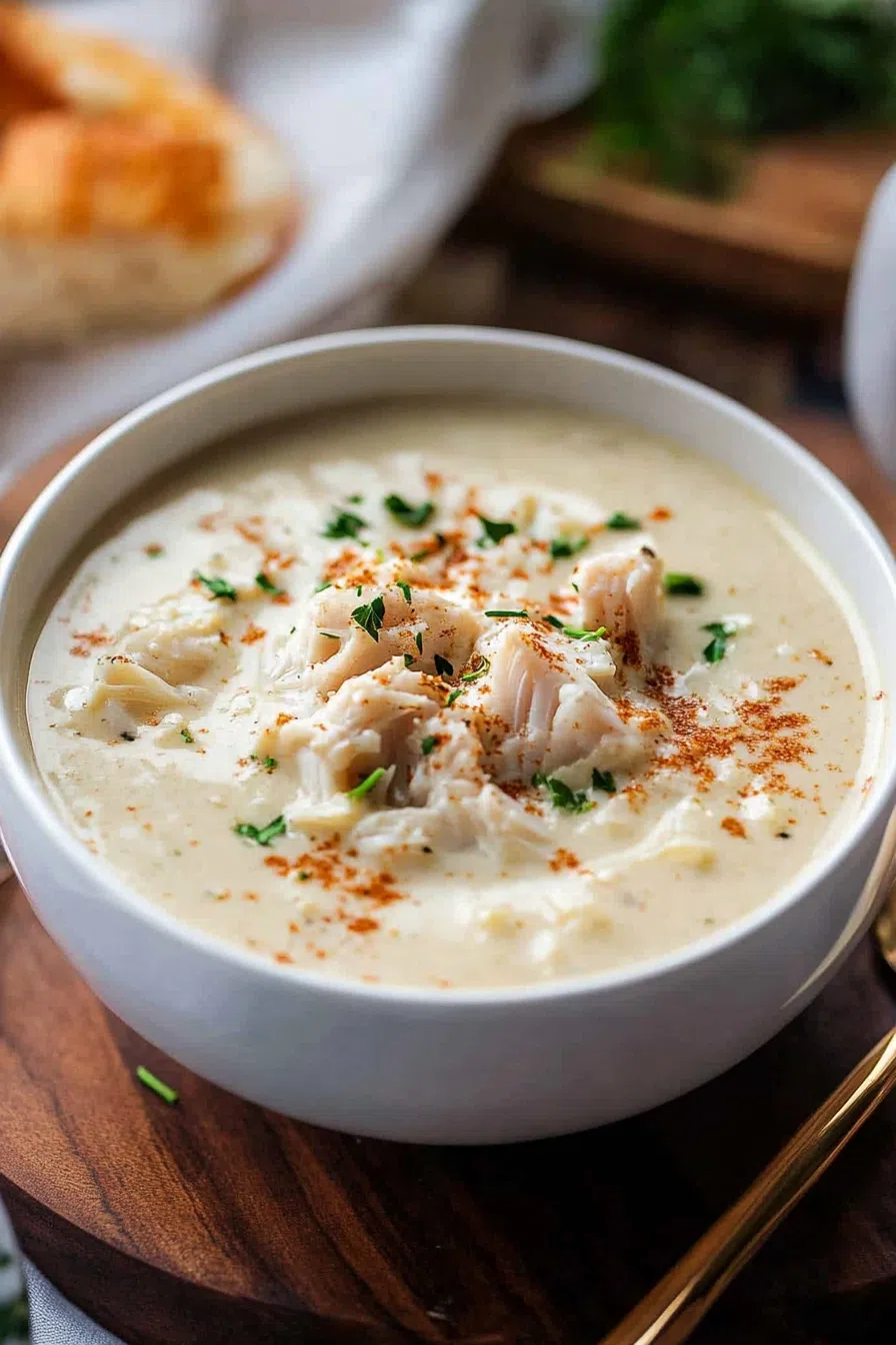 Side view of a bowl of crab soup, emphasizing the creamy consistency and vibrant garnish.