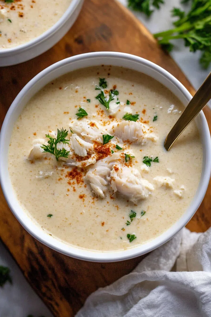 A bowl of creamy crab soup, garnished with a sprinkle of fresh herbs and a drizzle of sherry.