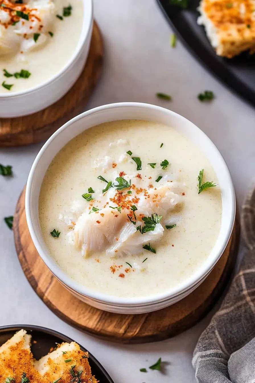 Top-down view of a bowl of crab soup, with steam rising and a slice of crusty bread on the side.