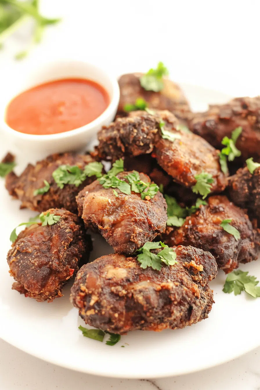 An overhead shot of several chicken livers on a white serving plate, garnished with a sprinkle of fresh herbs.