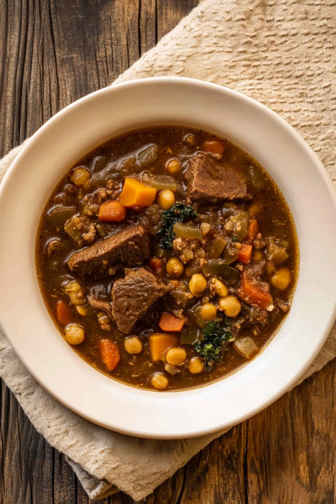 Top view of a rustic bowl filled with steaming elk stew.