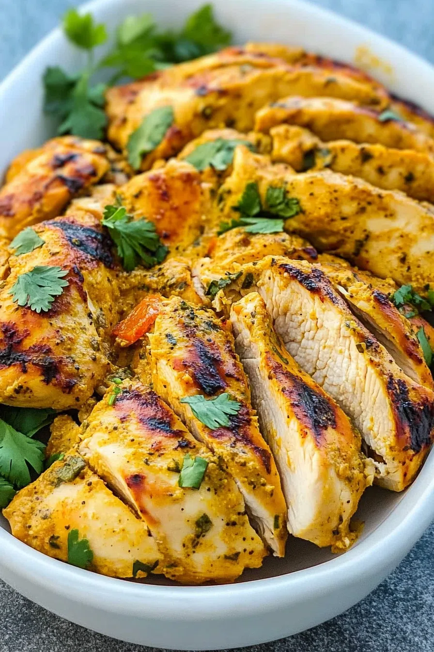 Grilled chicken breast marinated in a rich curry sauce, garnished with cilantro.