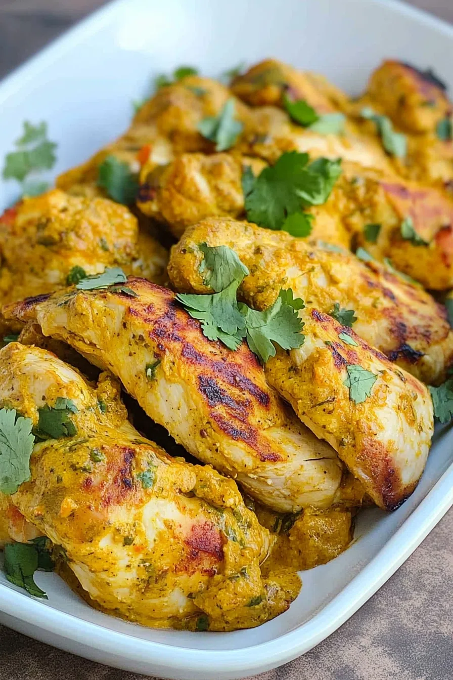 Close-up of juicy chicken pieces coated in a flavorful curry marinade.