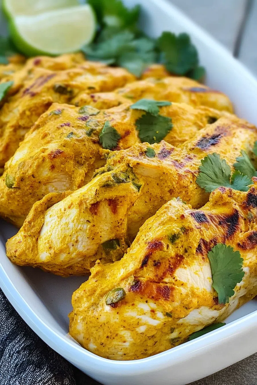 Finished dish of curry-marinated chicken garnished with lime wedges and herbs.