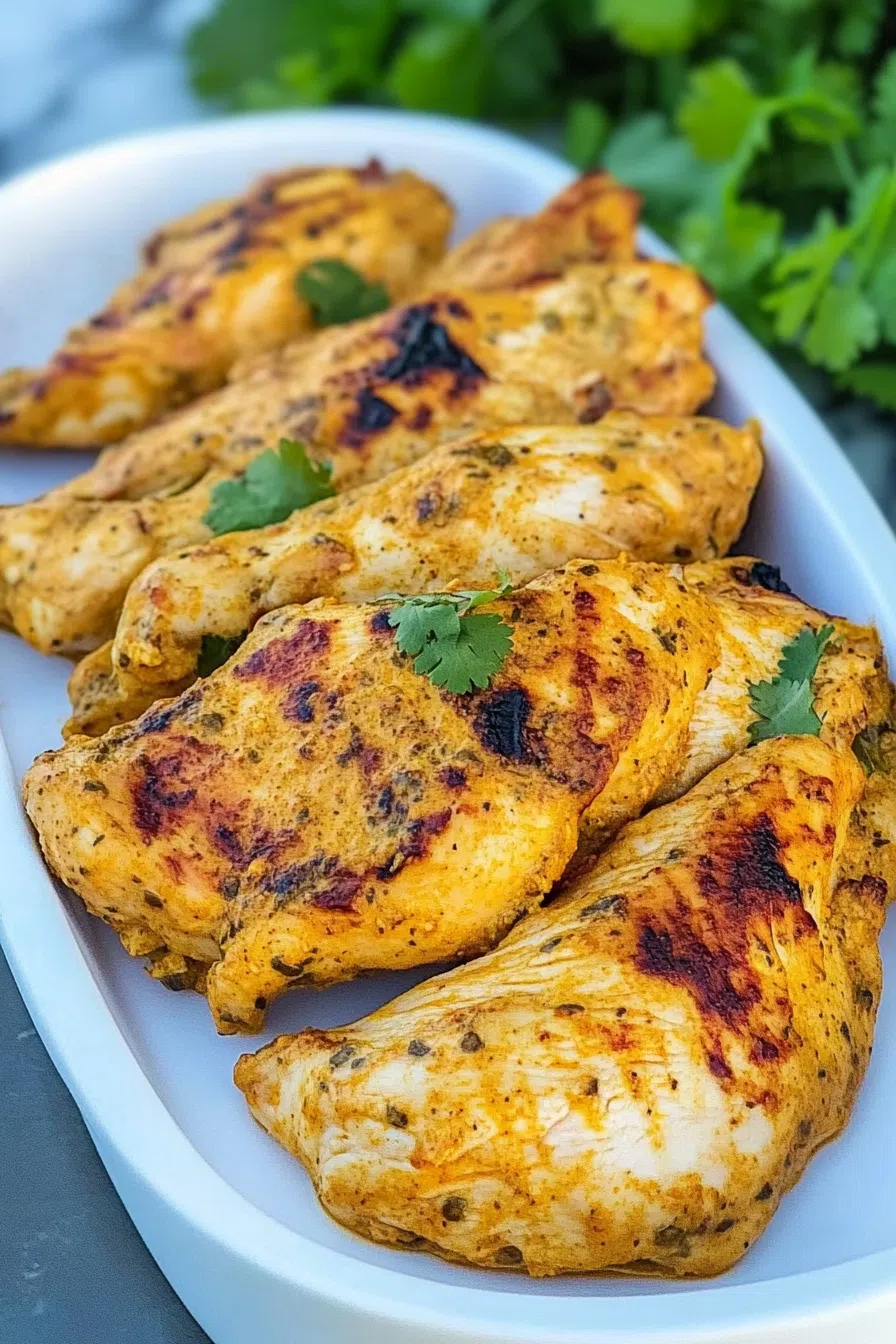 Aromatic curry-marinated chicken sliced and arranged on a serving dish.