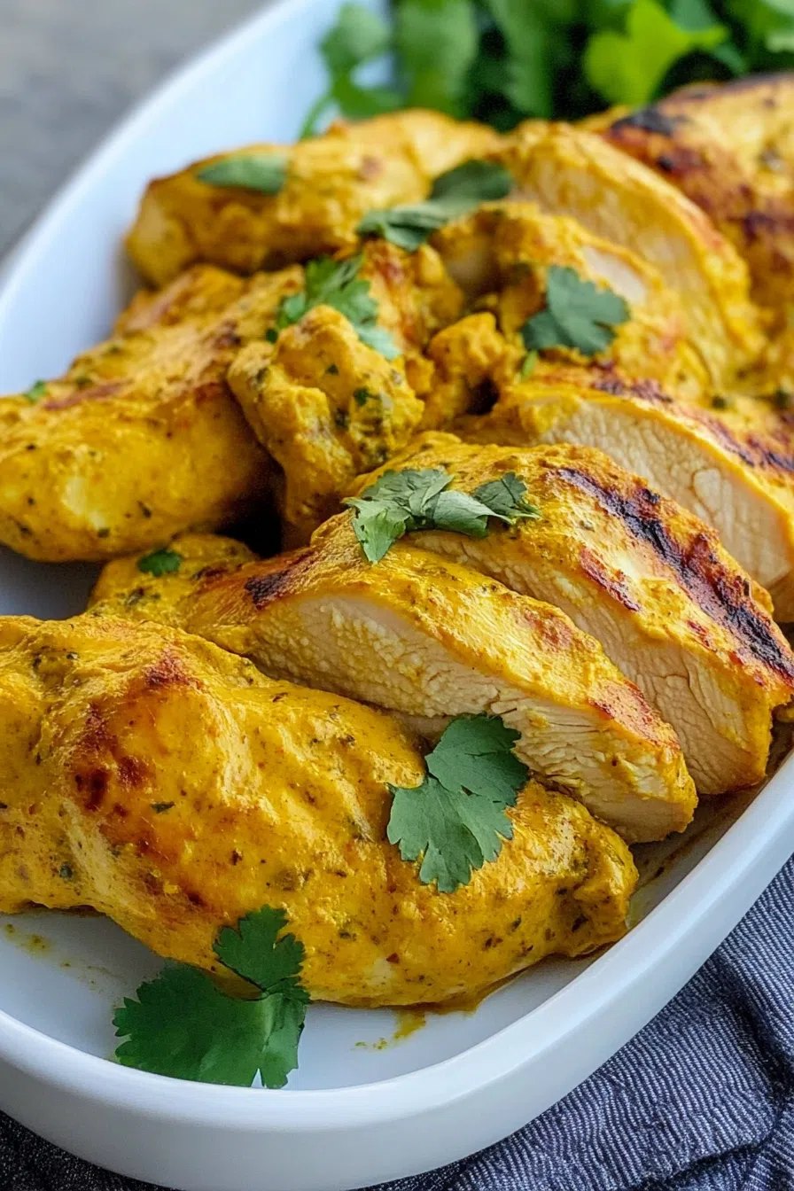 ender chicken breasts in a golden curry marinade, ready to be served.
