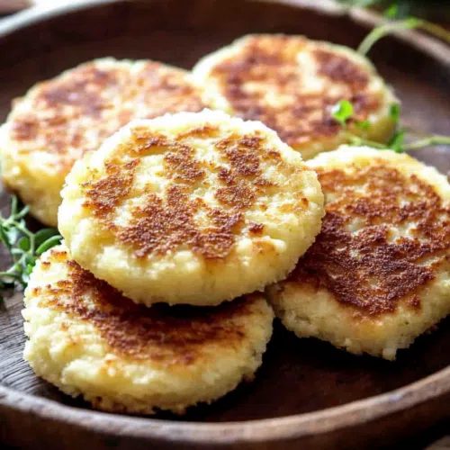 Side view of a stack of egg patties, emphasizing the layers and light, airy texture.