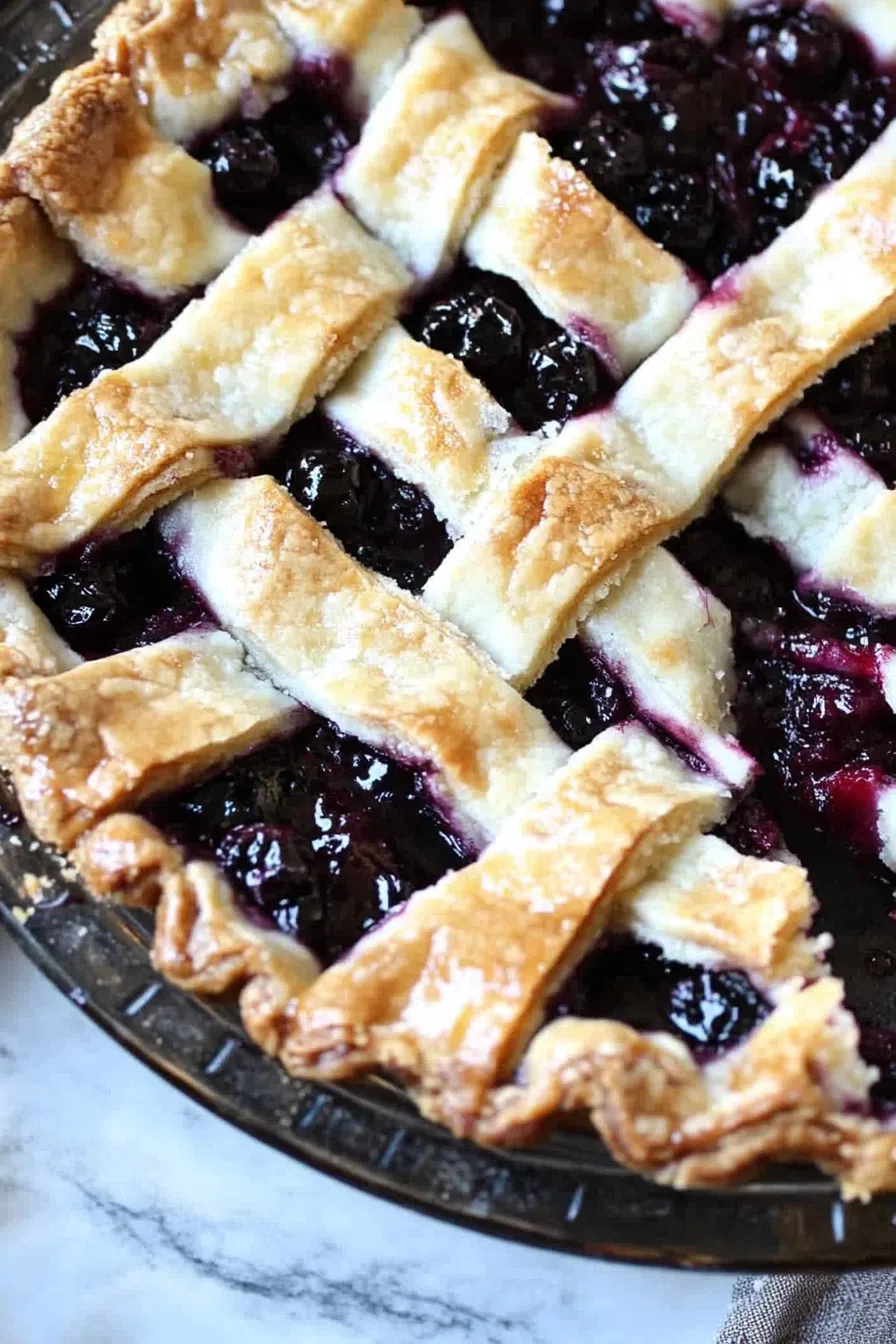 Overhead view of an elderberry pie with a perfectly crimped crust, set against a linen backdrop.