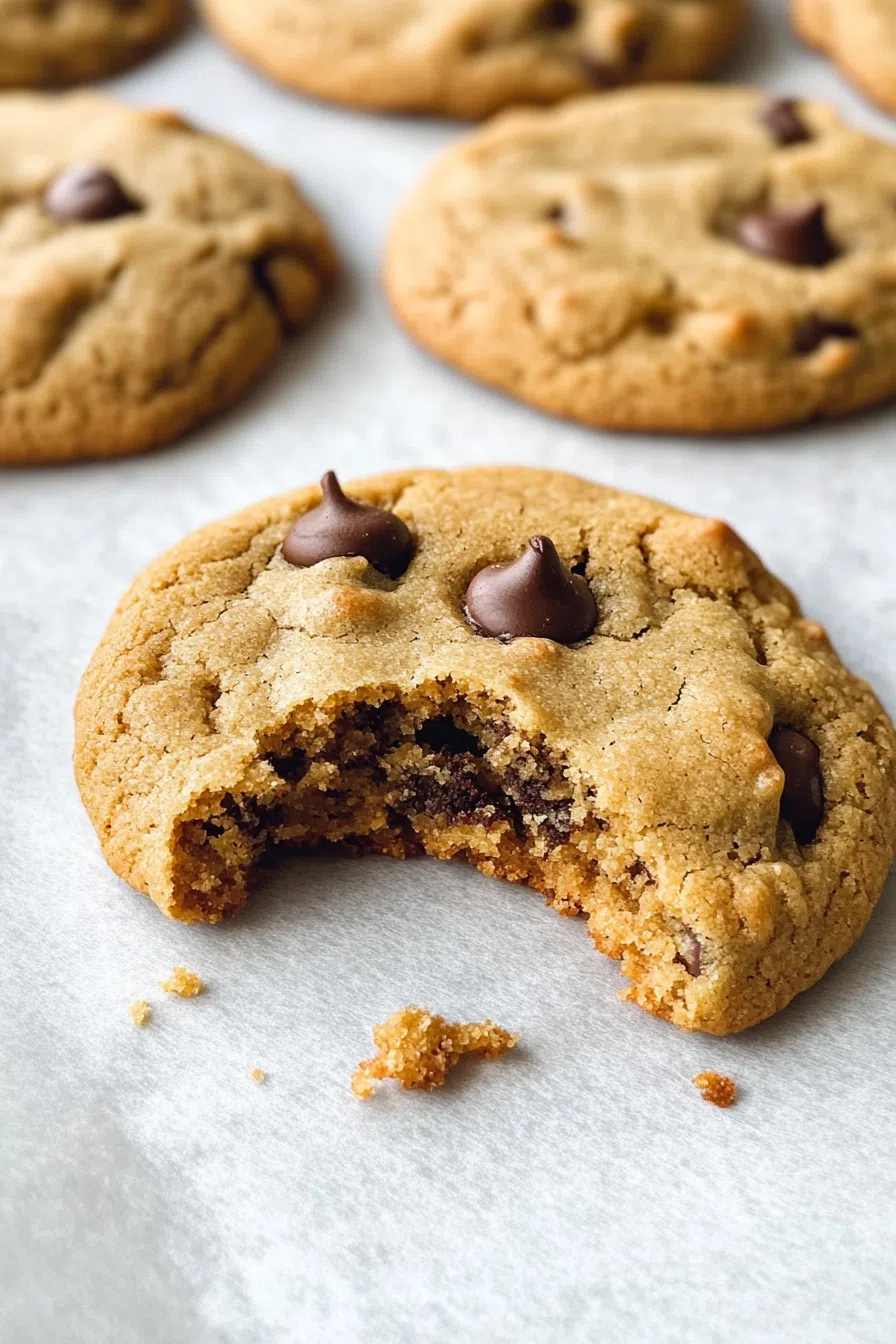 A cross-section of a cookie reveals its soft interior filled with rich chocolate chips.