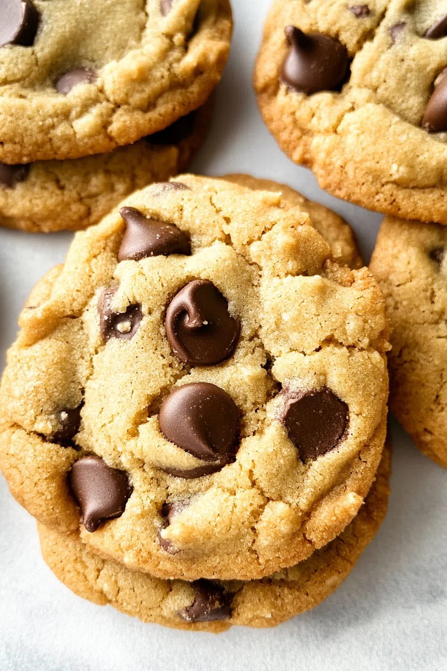 A close-up view of a freshly baked cookie with melty chocolate chips and a bite taken out.