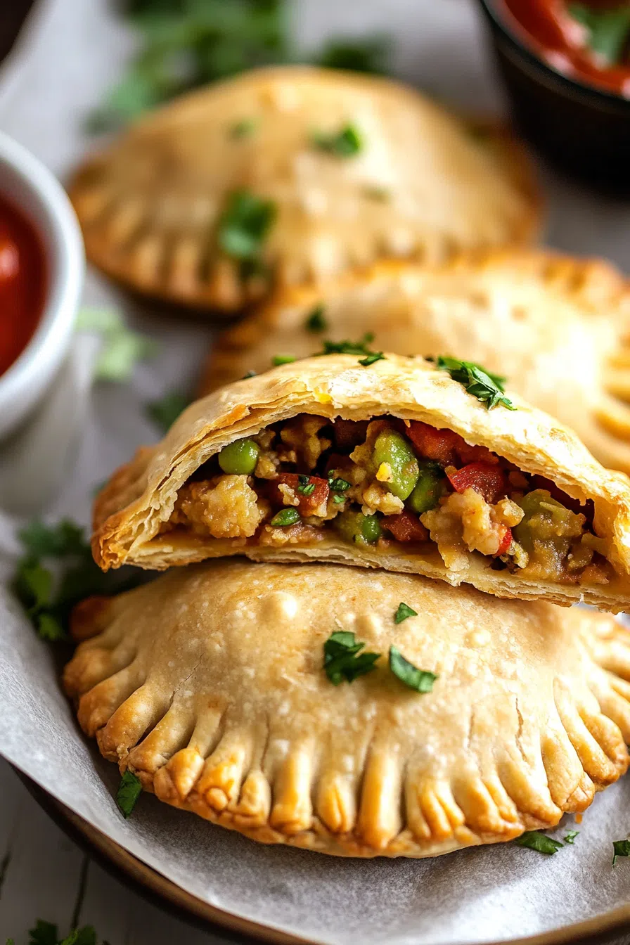 A flaky pastry cut in half, revealing a savory filling inside.