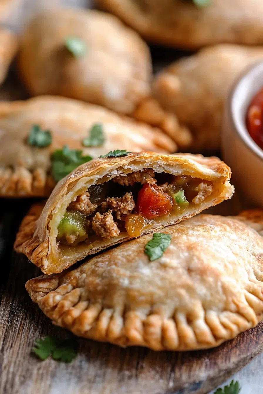 Close-up of golden-brown gluten-free empanadas on a white serving plate.