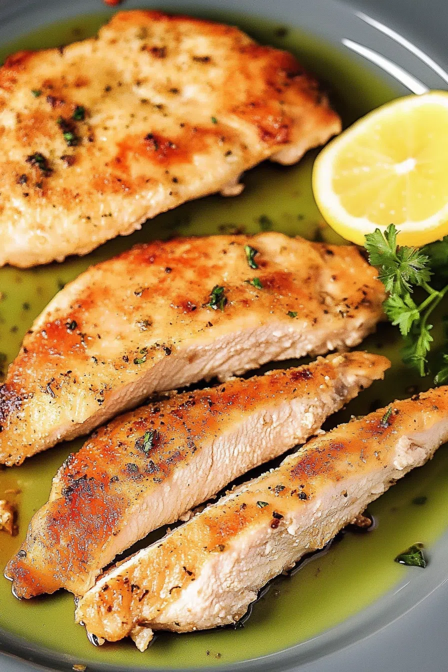 Golden-brown chicken breast served on a plate, garnished with fresh parsley.