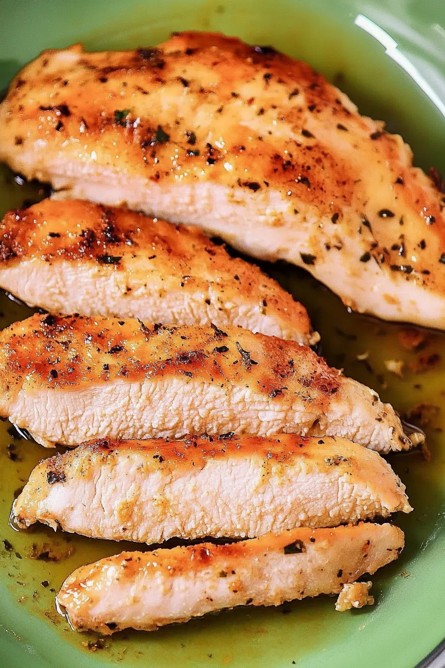 Juicy, golden-brown chicken breast sliced on a plate, ready to serve.