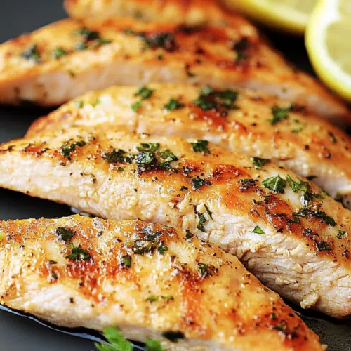 Finished dish of chicken breast garnished with lemon wedges and herbs.