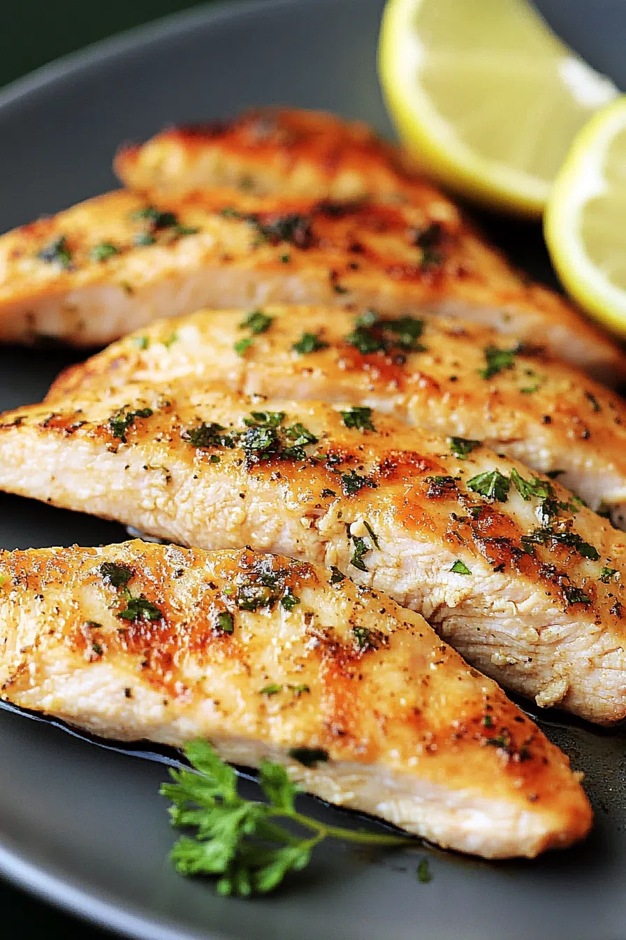 Finished dish of chicken breast garnished with lemon wedges and herbs.