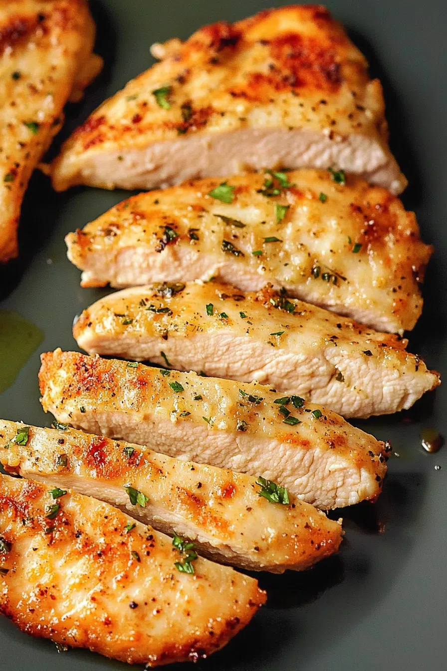 Tender, oven-roasted chicken breast garnished with fresh herbs.