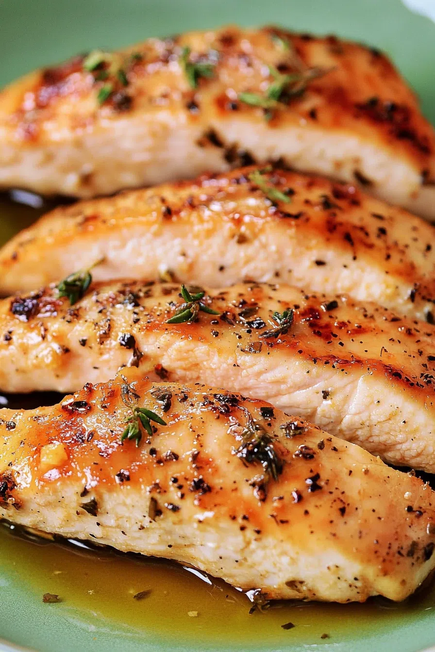 Close-up of a perfectly cooked chicken breast with a crispy, seasoned skin.