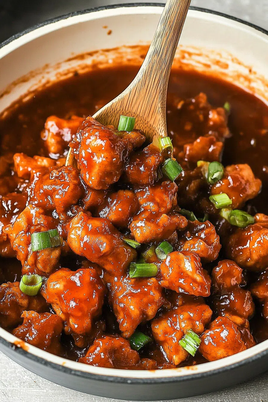 Close-up of fried chicken pieces coated in a rich, spicy sauce, garnished with chopped green onions.