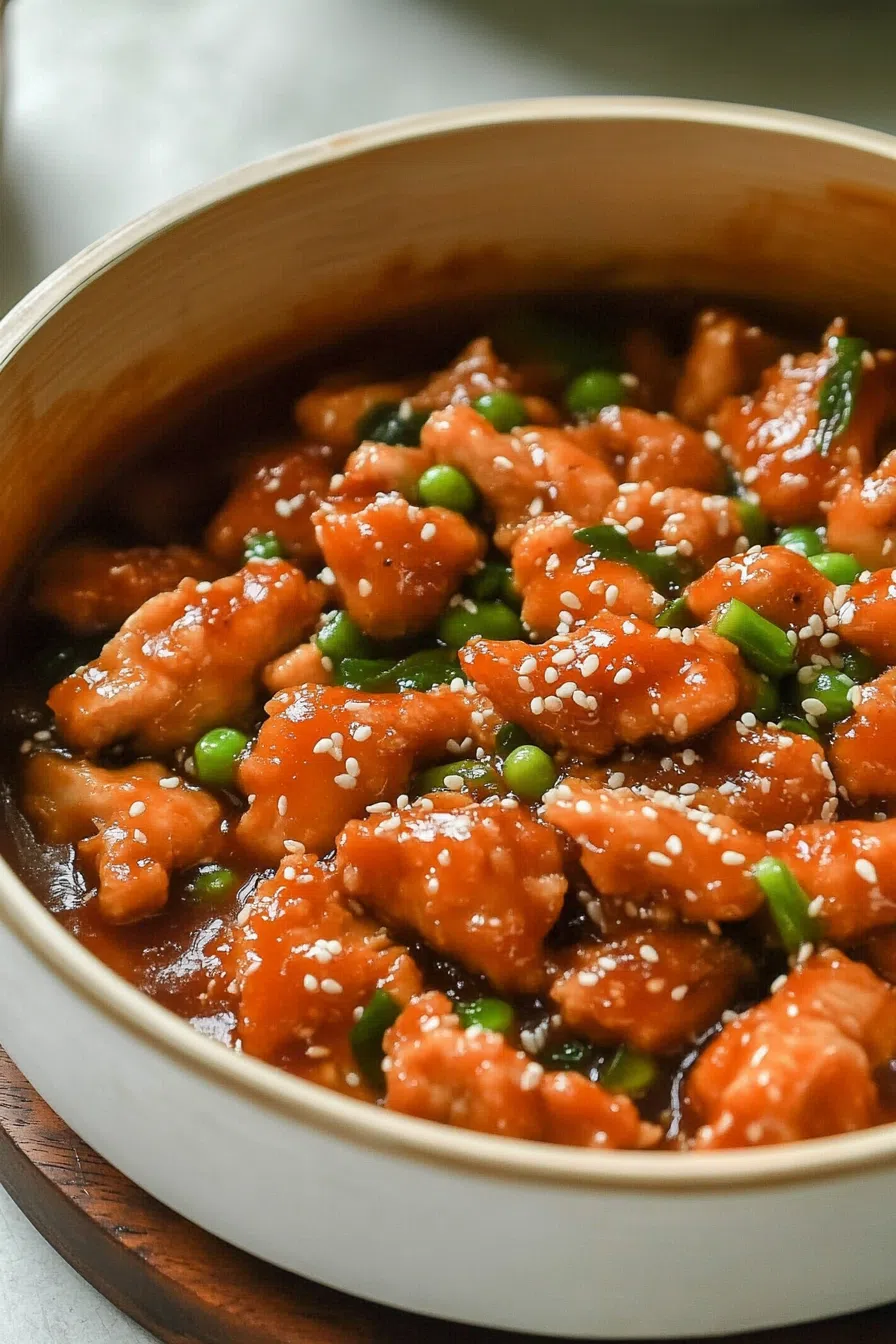 Wide shot of a plate of fried chicken pieces smothered in a savory sauce, with bell peppers and onions.