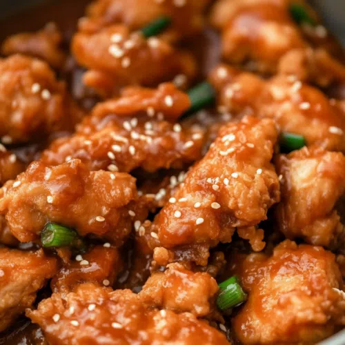 Close-up view of a bowl of chicken in a thick, flavorful sauce, garnished with sesame seeds and green onions.