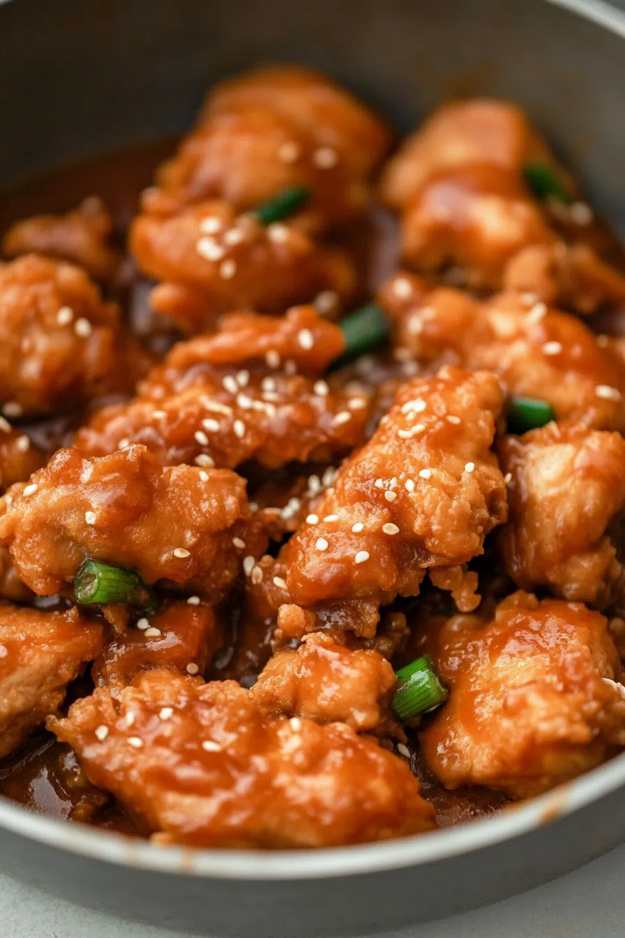 Close-up view of a bowl of chicken in a thick, flavorful sauce, garnished with sesame seeds and green onions.