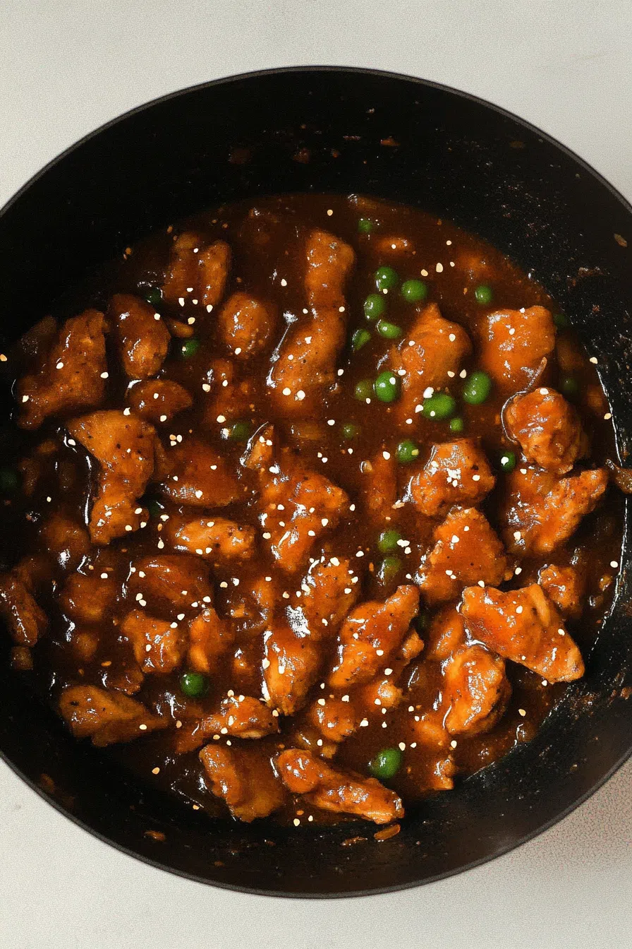 Overhead shot of a dish featuring crispy chicken pieces in a spicy, tangy sauce, served with a side of vegetables.